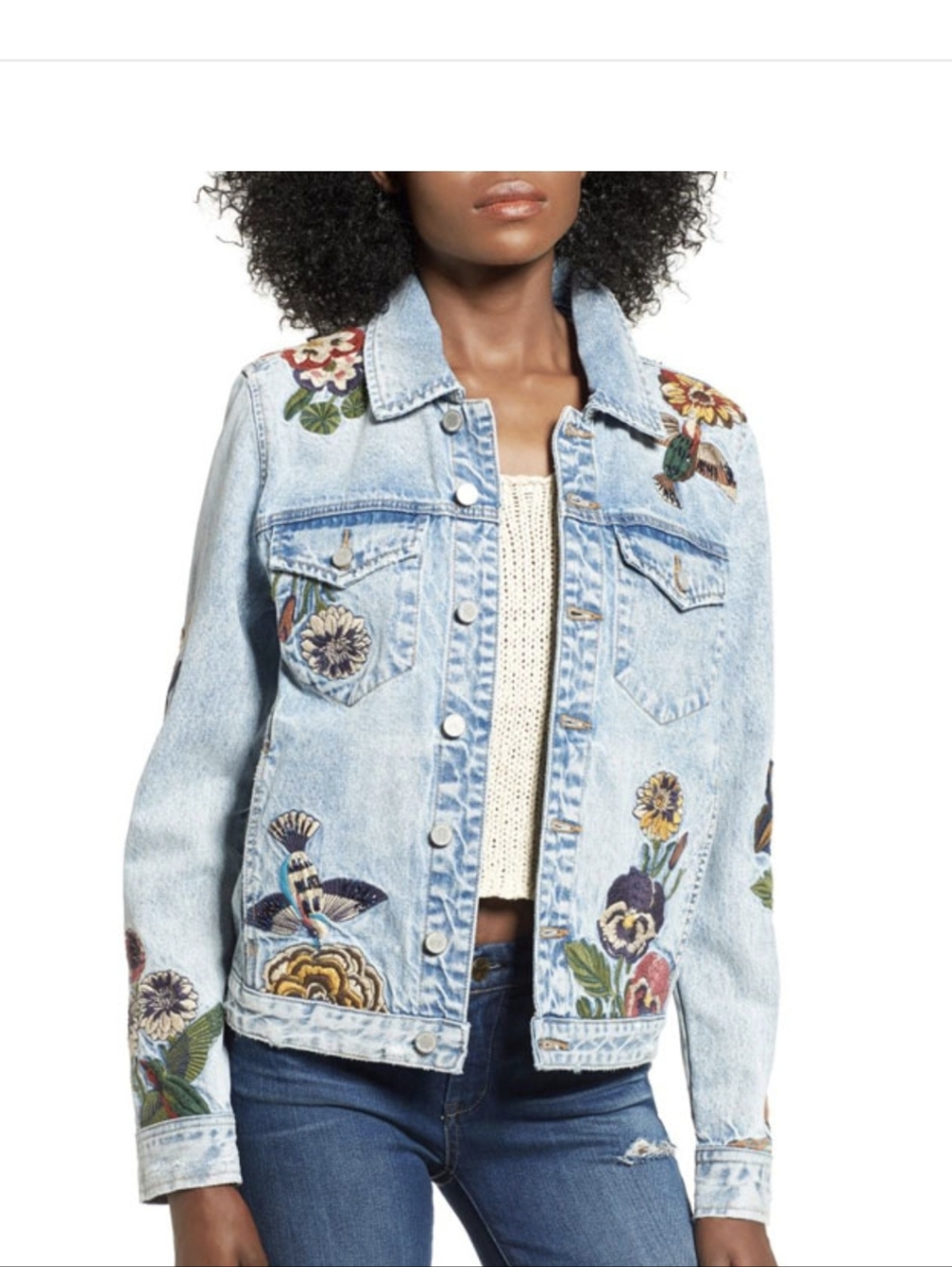 Blank NYC Light Blue Embroidered Denim Jacket